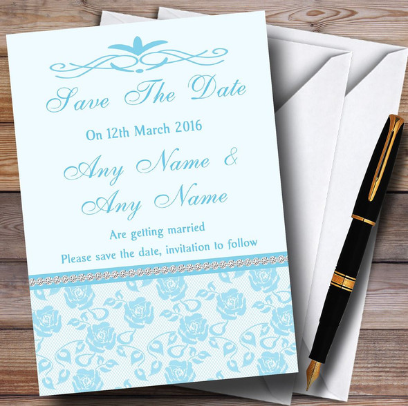 Pretty Sky Blue Floral Diamante Customised Wedding Save The Date Cards