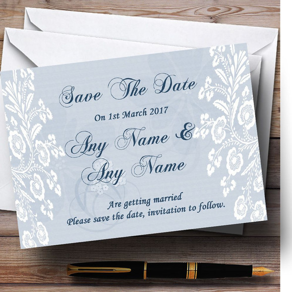 Vintage Lace Pale Blue Chic Customised Wedding Save The Date Cards