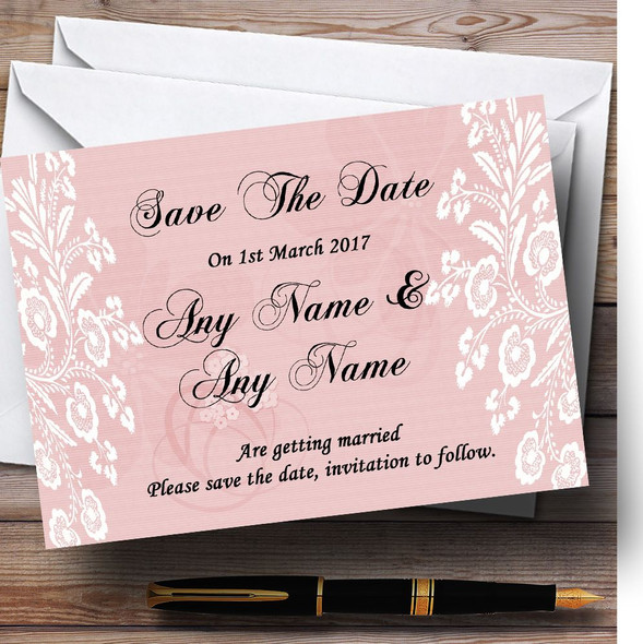 Vintage Lace Coral Pink Chic Customised Wedding Save The Date Cards