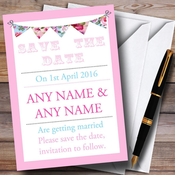 Pink Blue Bunting Shabby Chic Tea Garden Customised Save The Date Cards