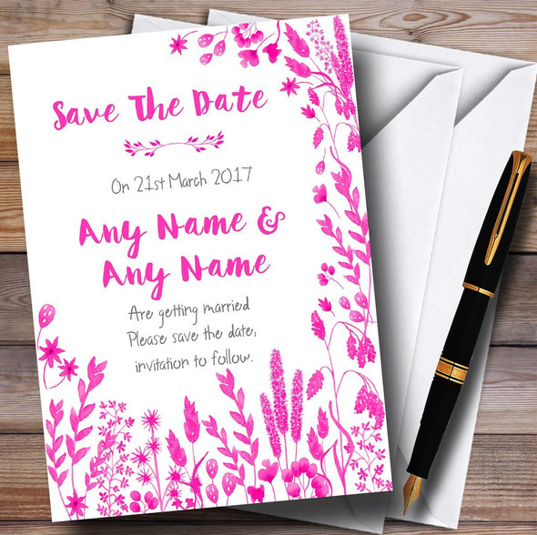 Hot Pink Autumn Leaves Watercolour Customised Wedding Save The Date Cards