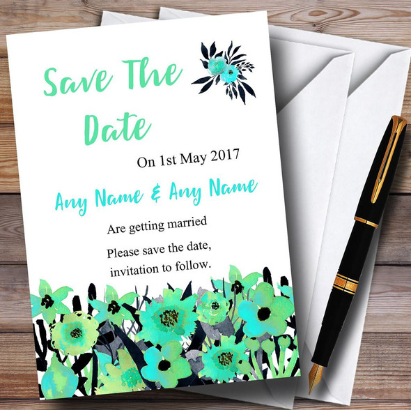 Black & Aqua Mint Green Watercolour Flowers Customised Save The Date Cards
