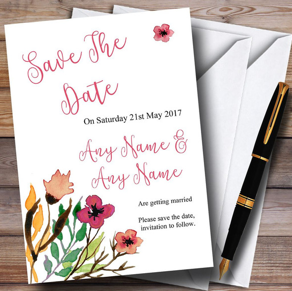 Handwriting Font Watercolour Floral Pink Customised Save The Date Cards