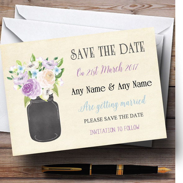 Lilac & Blue Flower Vase Vintage Customised Wedding Save The Date Cards