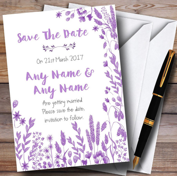 Dusty Purple Autumn Leaves Watercolour Customised Wedding Save The Date Cards