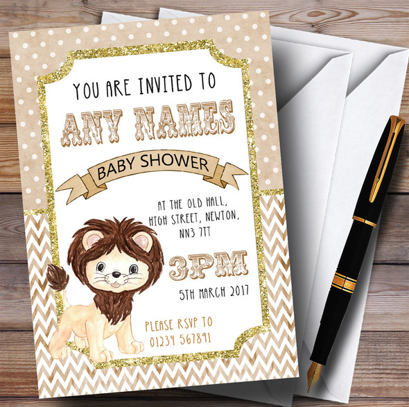 Lion Glitter Gold Invitations Baby Shower Invitations