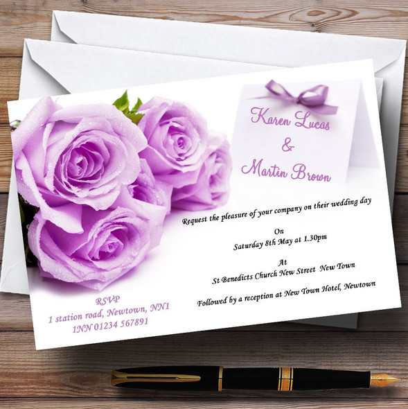 Beautiful Lilac / Purple Rose Customised Wedding Invitations