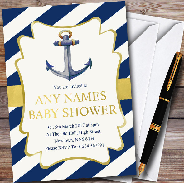 Gold & Blue Nautical Anchor Customised Baby Shower Invitations