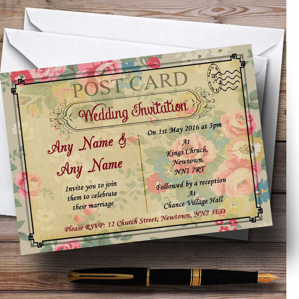 Floral Vintage Paris Shabby Chic Postcard Customised Wedding Invitations