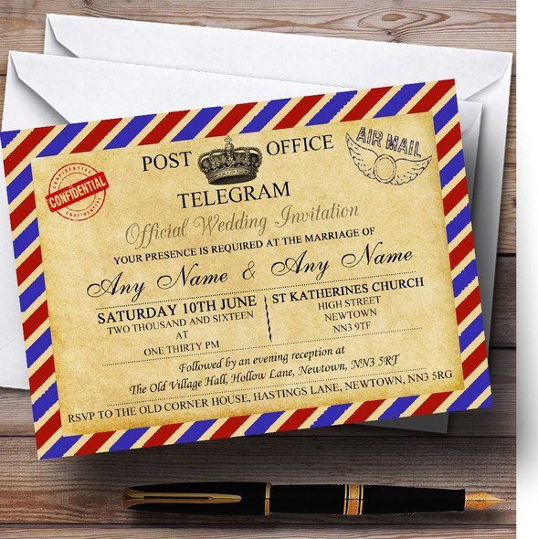 Vintage Airmail Telegram Postcard Customised Wedding Invitations
