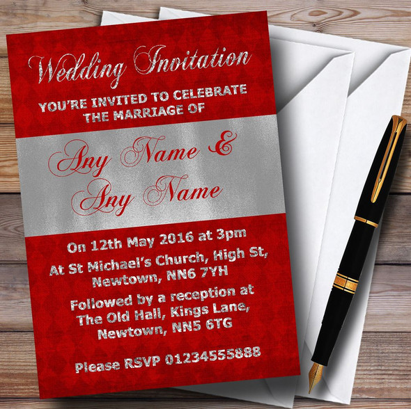 Red And Glitter Look Silver Wedding Customised Invitations