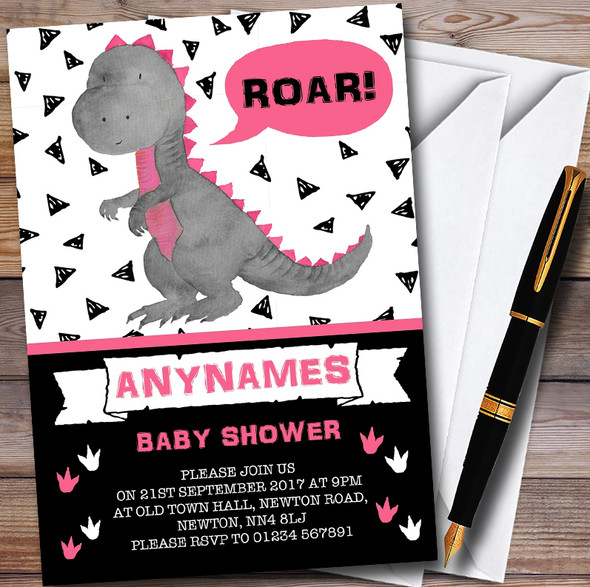 Black & Pink Girls Roar Dinosaur Customised Baby Shower Invitations