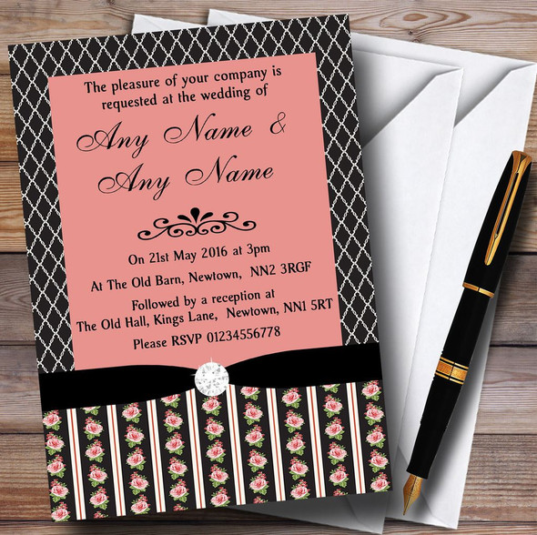 Black And Coral Pink Rose Shabby Chic Customised Wedding Invitations