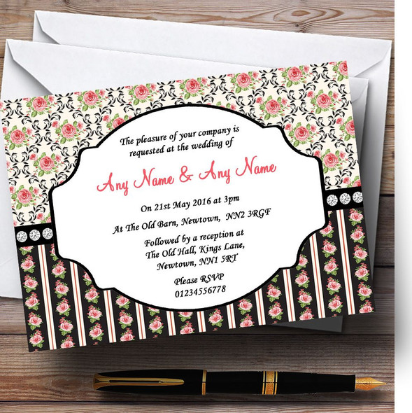 Black And Pink Shabby Chic Rose Tea Stripes Customised Wedding Invitations
