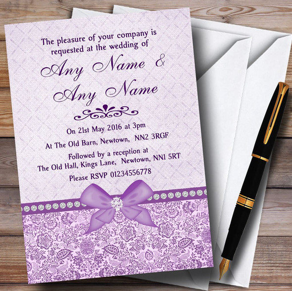 Pretty Floral Vintage Bow & Diamante Lilac Customised Wedding Invitations