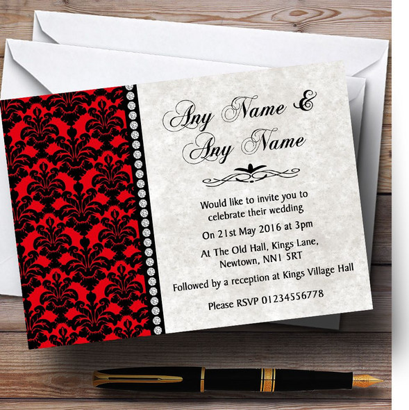 Deep Red Black Damask & Diamond Customised Wedding Invitations