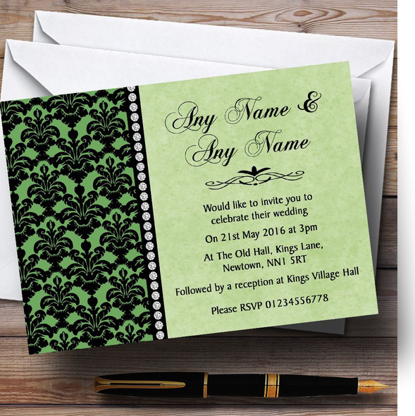 Green Black Damask & Diamond Customised Wedding Invitations