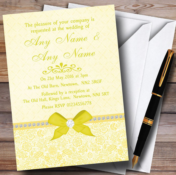 Pretty Floral Vintage Bow & Diamante Yellow Customised Wedding Invitations