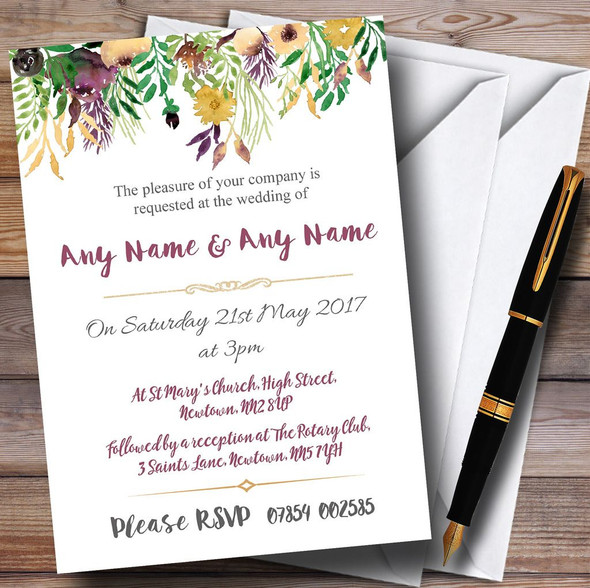 Autumn Plum Watercolour Floral Header Customised Wedding Invitations