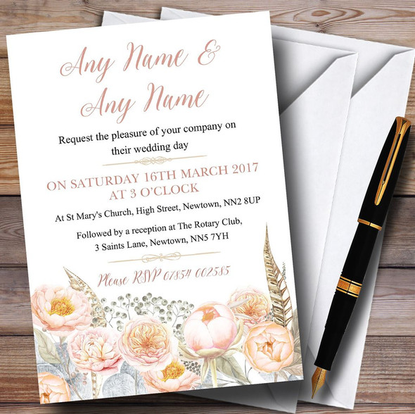 Coral Pink Peach Peonies Customised Wedding Invitations