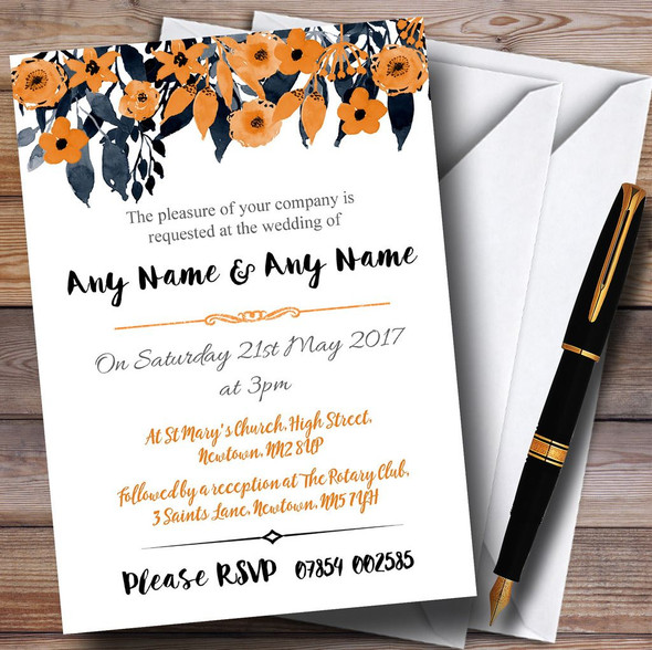 Watercolour Black & Orange Floral Header Customised Wedding Invitations