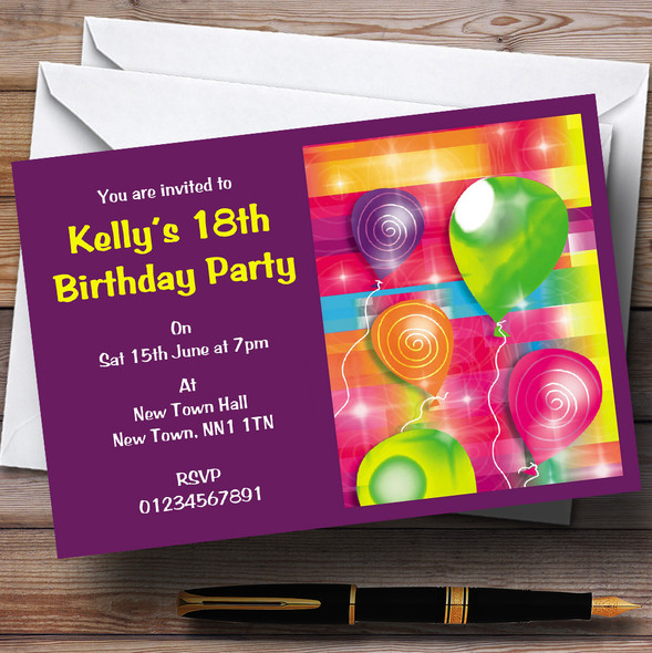 Purple Yellow Balloons Customised Party Invitations