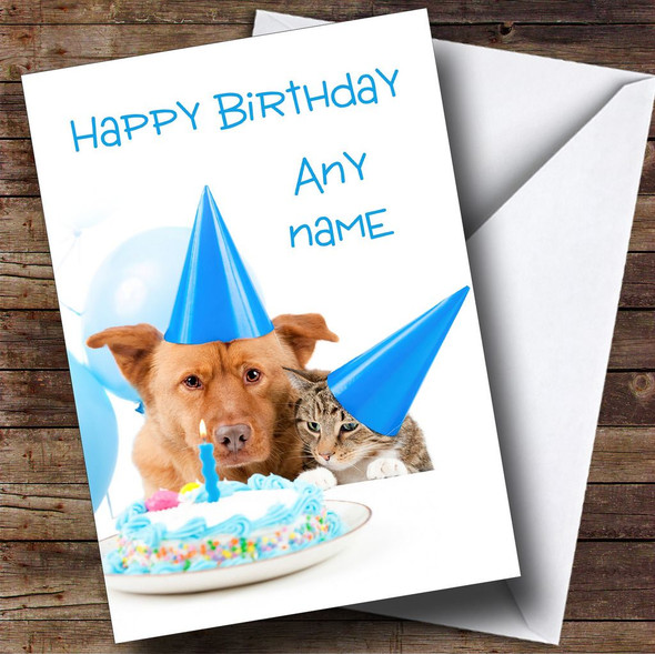 Party Hat Dog And Cat Customised Birthday Card
