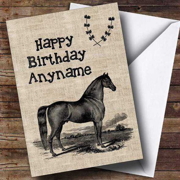 Vintage Burlap Style Horse Customised Birthday Card