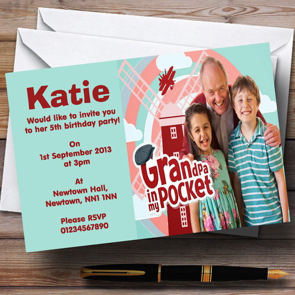 Grandpa In My Pocket Red Customised Children's Birthday Party Invitations