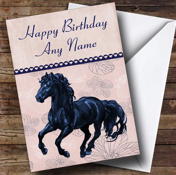 Peach & Blue Floral Friesian Horse Customised Birthday Card