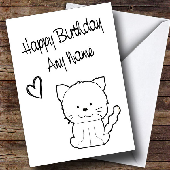 Cute White Stick Cat Customised Birthday Card