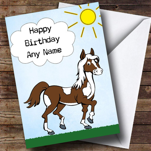 Brown & White Skewbald Horse Customised Birthday Card
