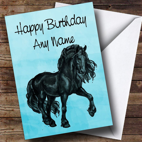 Blue Watercolour Friesian Horse Customised Birthday Card