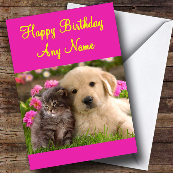 Pink Puppy & Kitten Customised Birthday Card