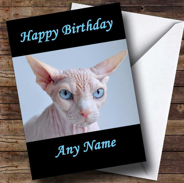 Blue Eyed Sphynx Cat Customised Birthday Card