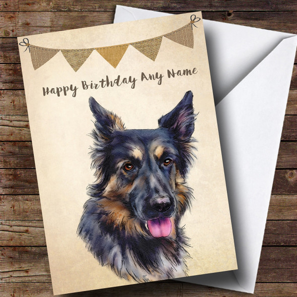 Vintage Burlap Bunting Dog German Shepherd Customised Birthday Card