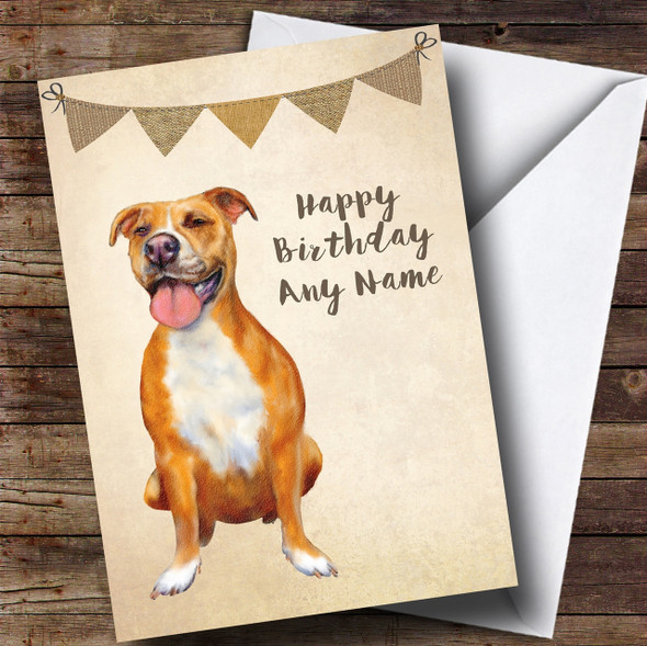 Vintage Burlap Bunting Dog Pitbull Customised Birthday Card