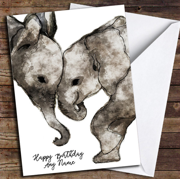 Watercolour Elephants Simple Customised Birthday Card