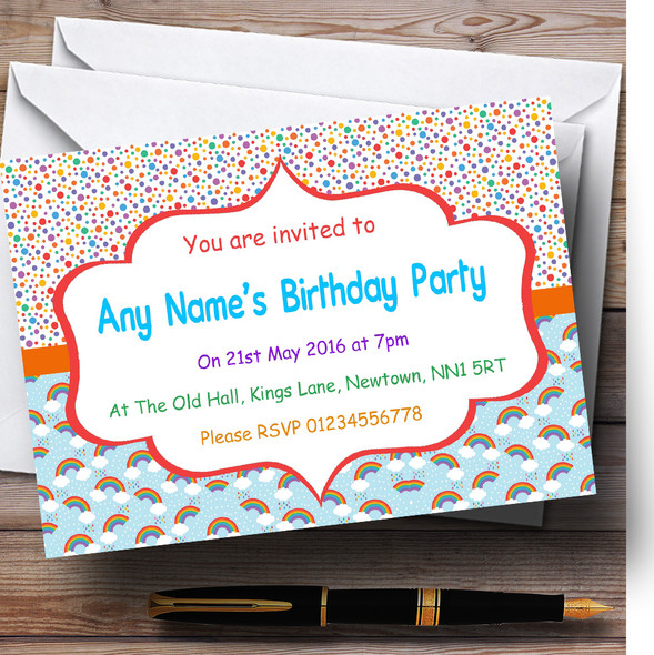Rainbows And Polkadot Rainbow Children's Kids Party Customised Invitations