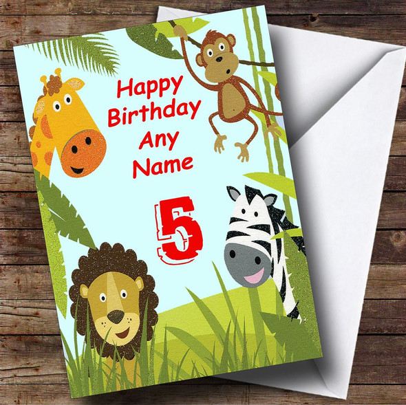Jungle Lion Monkey Giraffe Zebra Customised Birthday Card