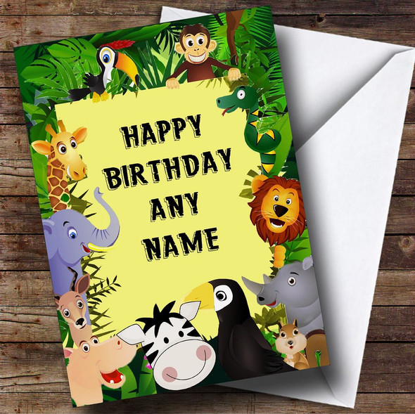 Jungle Lion Elephant Monkey Hippo Jungle Customised Birthday Card