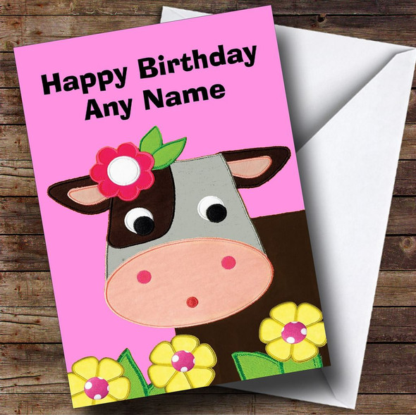 Pink Cute Cow Customised Birthday Card