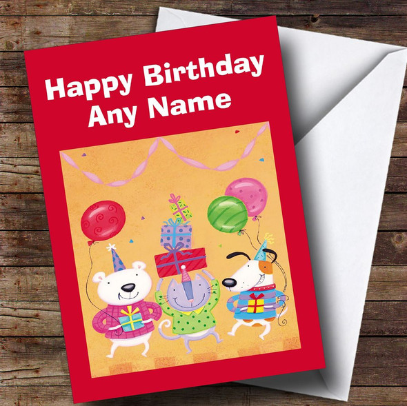 Dog Cat And Bear Party Customised Children's Birthday Card