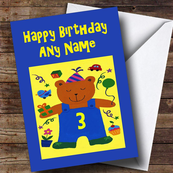 Blue Yellow Teddy Bear Customised Children's Birthday Card