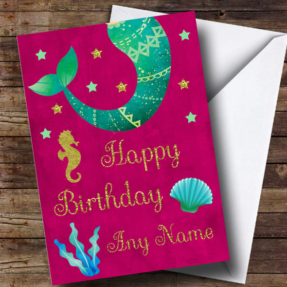 Pink Watercolour Mermaid Fail Children's Birthday Customised Card