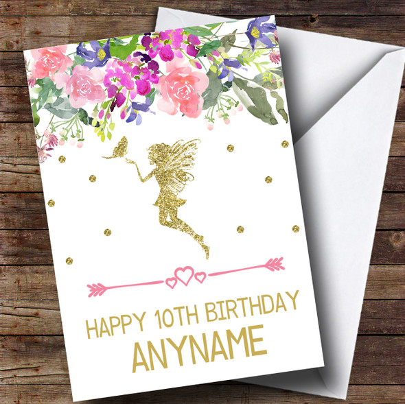 Floral Gold Girls Fairy Children's Birthday Customised Card