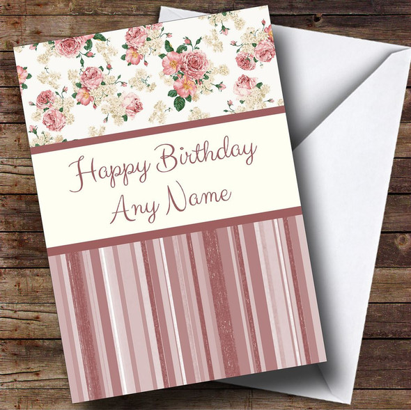 Stripe & Coral Floral Shabby Chic Customised Birthday Card