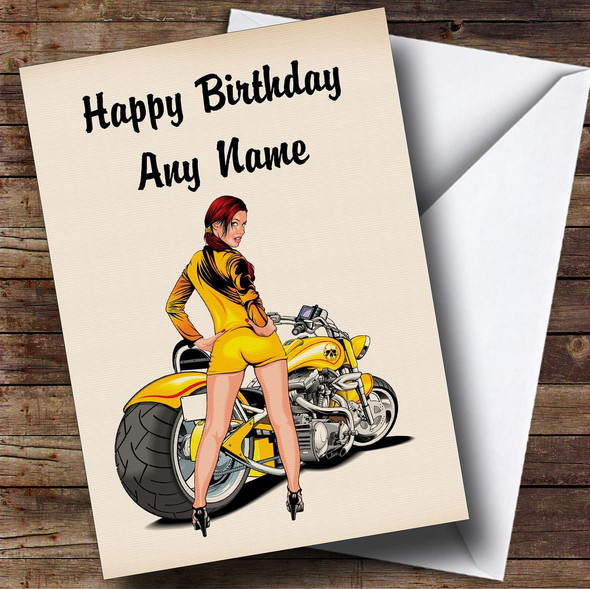 Motorbike And Sexy Lady Yellow Customised Birthday Card