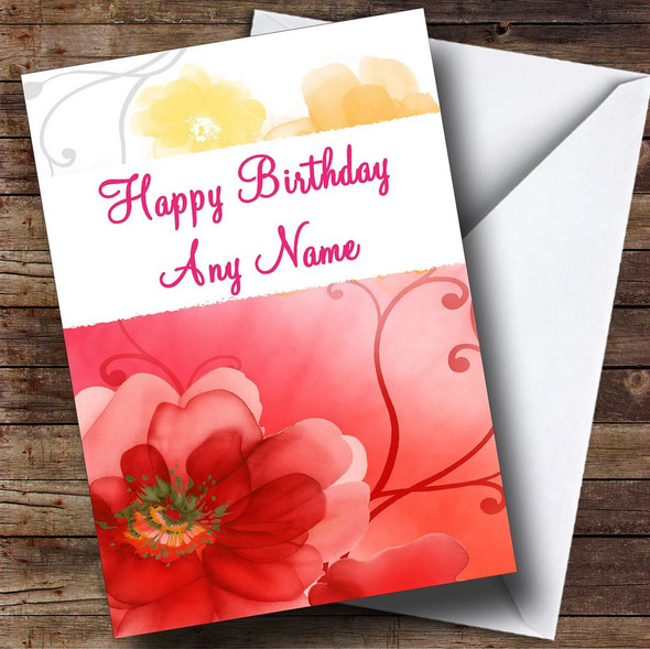 Flower Pattern Red Yellow Customised Birthday Card