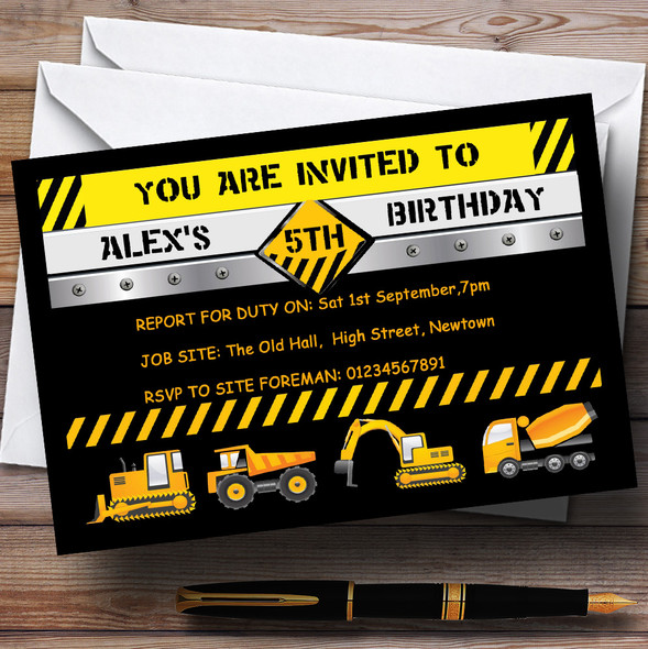 Digger Jcb Construction Builder Theme Customised Birthday Party Invitations